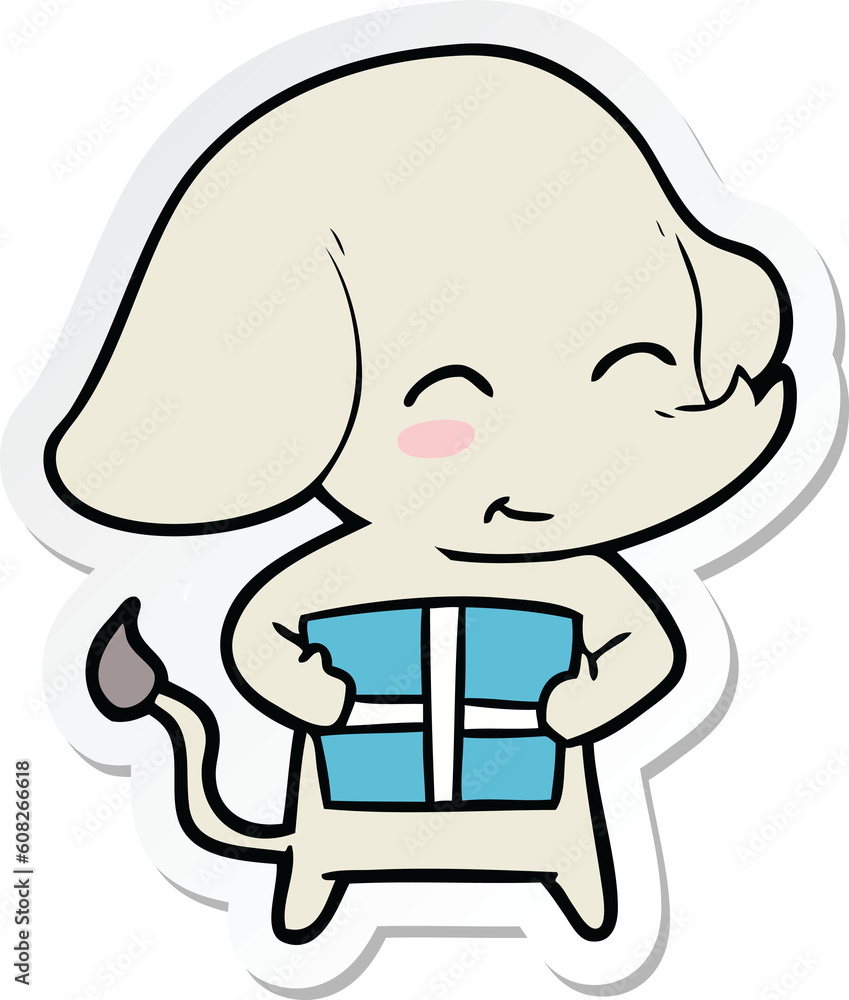 sticker of a cute cartoon elephant with gift sticker of a cute cartoon elephant with gift