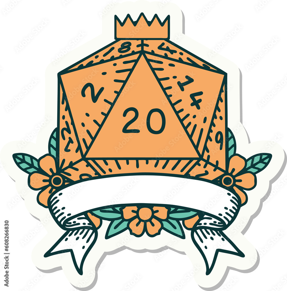 sticker of a natural 20 critical hit D20 dice roll