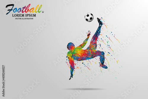 Visual animated drawings for the best football or soccer players with the speed of fast running and jump kicking the ball in the stadium. Beautiful design template for winner sport vector game