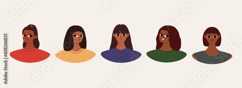 Set of user profiles. Smiling black woman avatar collection