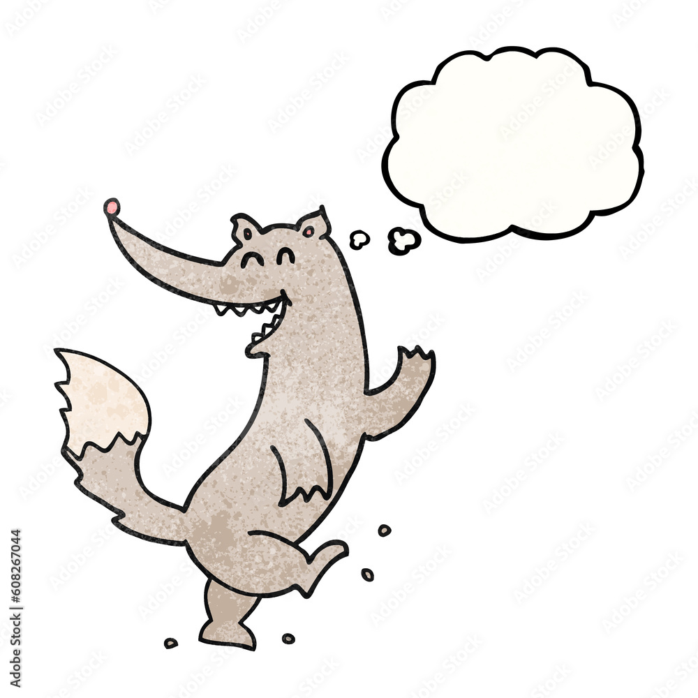 freehand drawn thought bubble textured cartoon happy wolf dancing freehand drawn thought bubble textured cartoon happy wolf dancing