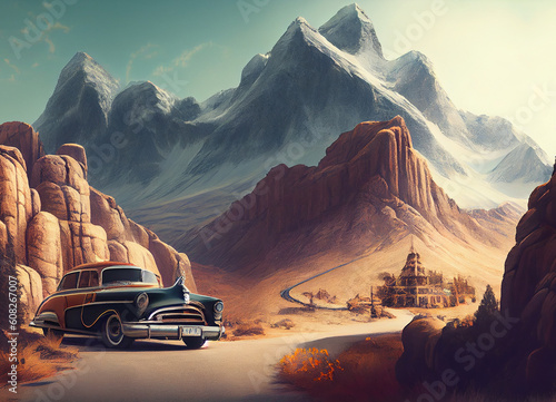 An imposing desert mountain dominates the scene  its stark beauty contrasting with the lonely car on a dusty road  the vehicle s presence a symbol of resilience in the heart of this vast wilderness.