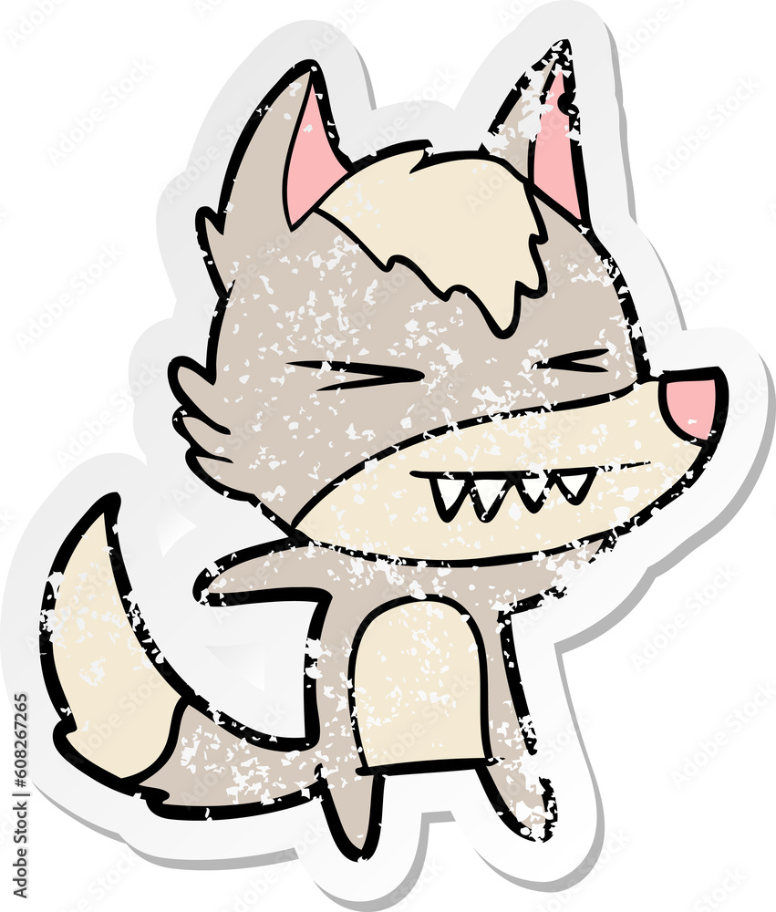 distressed sticker of a angry wolf cartoon distressed sticker of a angry wolf cartoon