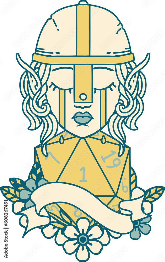 Retro Tattoo Style crying elf fighter character face with natural one D20 roll Retro Tattoo Style crying elf fighter character face with natural one D20 roll