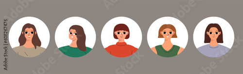 Collection of different people avatars. Round icons with smiling women