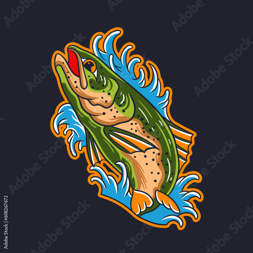 Hand drawn illustration of trout fishing