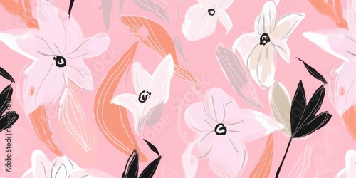 Hand drawn cute pink artistic flowers print. Modern botanical pattern. Fashionable template for design  Generative AI