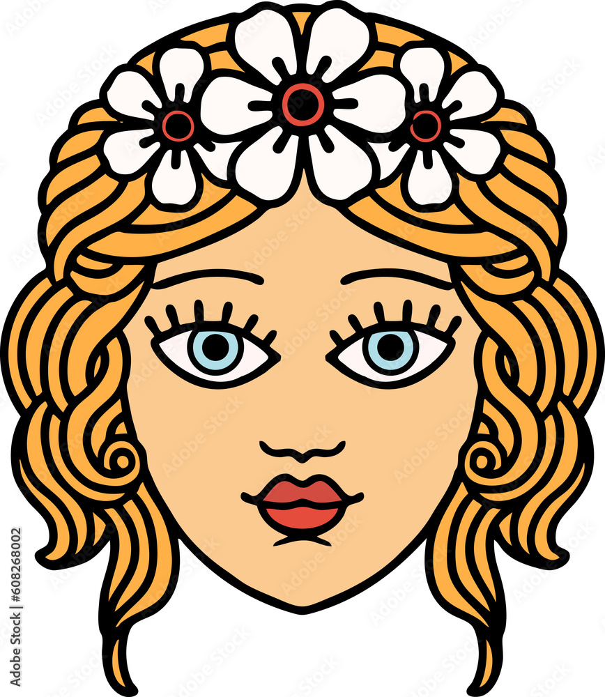 tattoo in traditional style of female face with crown of flowers tattoo in traditional style of female face with crown of flowers