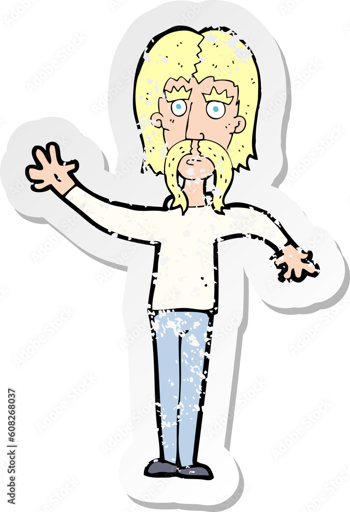 retro distressed sticker of a cartoon waving man with mustache retro distressed sticker of a cartoon waving man with mustache