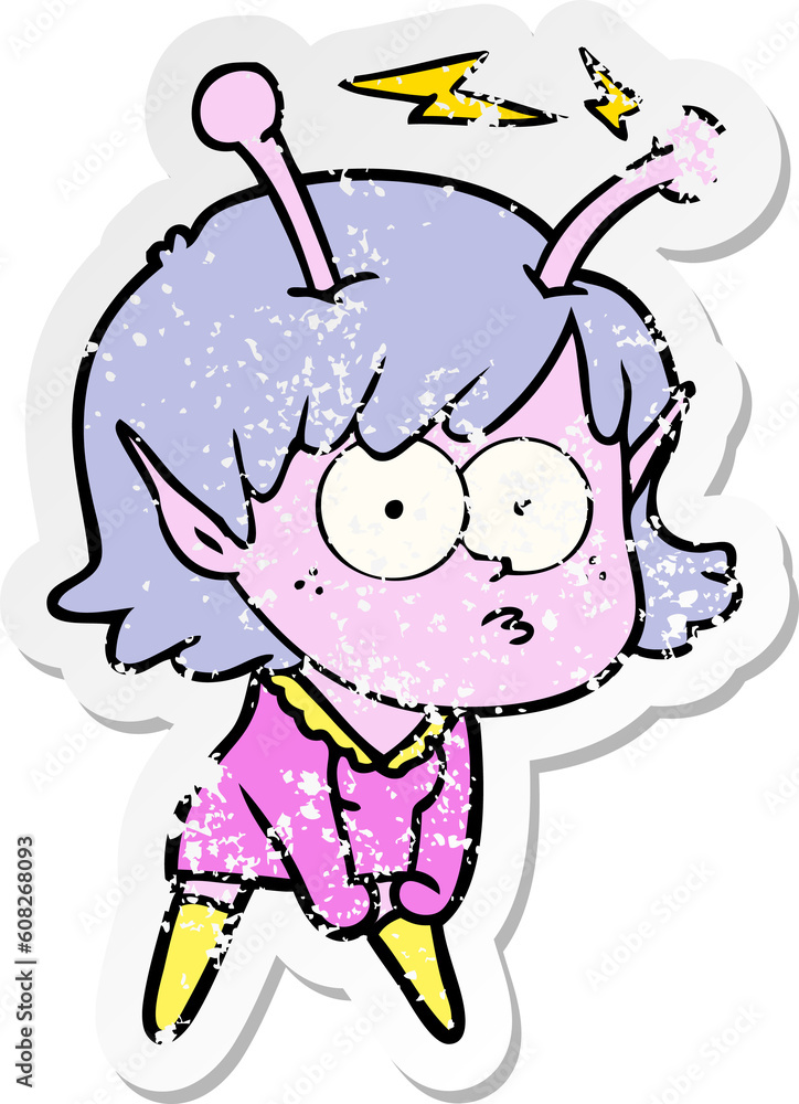 distressed sticker of a cartoon alien girl distressed sticker of a cartoon alien girl