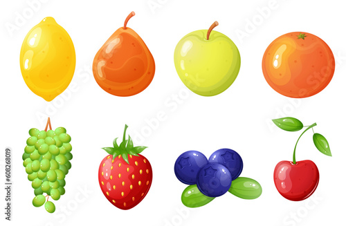 Fototapeta Naklejka Na Ścianę i Meble -  Fruits and berries cartoon illustration set. Game interface elements.