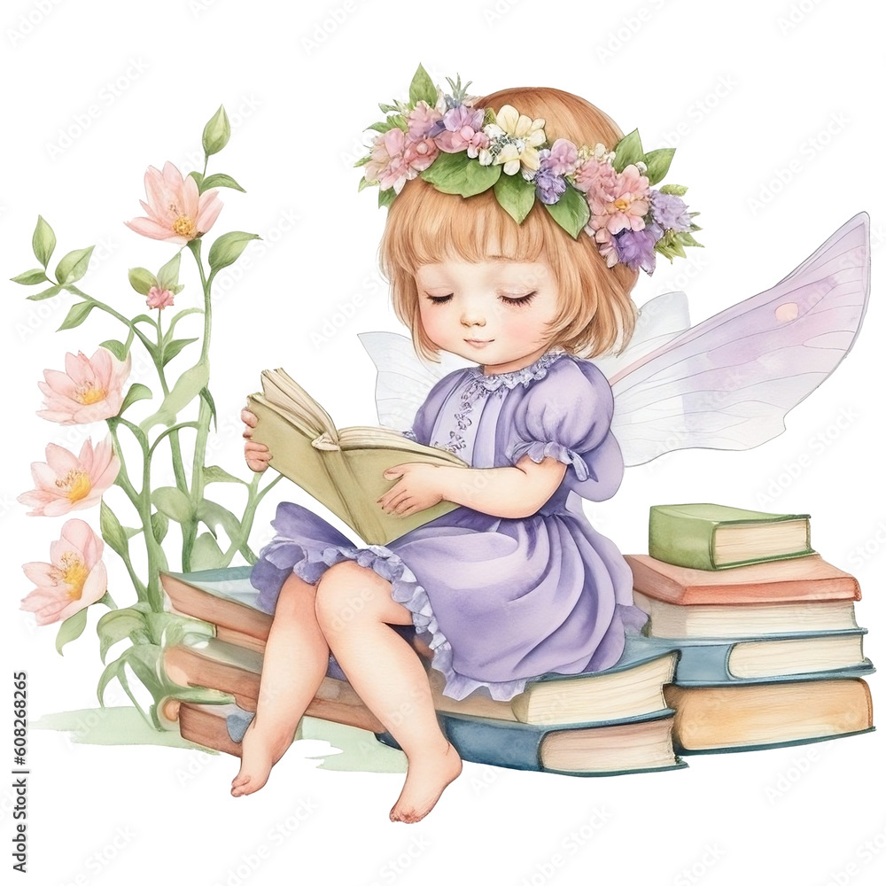 Cute fairy reading a book Watercolor illustration, AI Generative Cute fairy reading a book Watercolor illustration, AI Generative