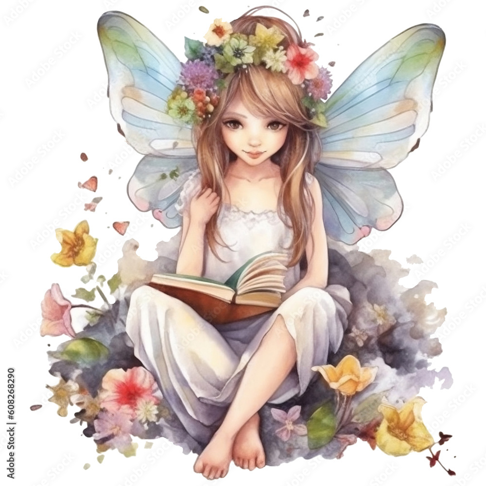 Cute fairy  reading a book Watercolor illustration, AI Generative
