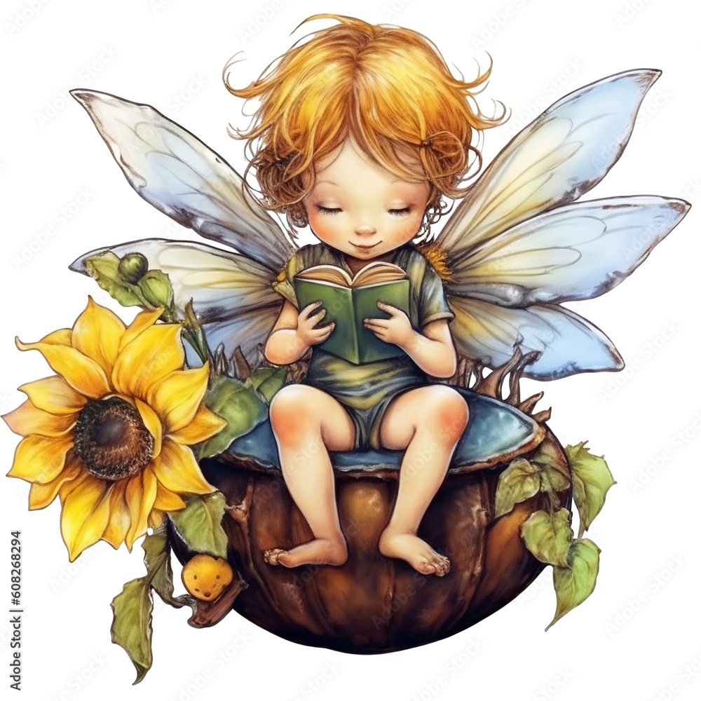 Fototapeta premium Cute fairy reading a book Watercolor illustration, AI Generative