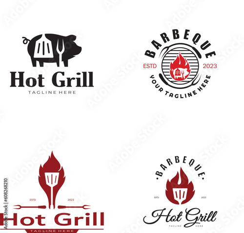 Simple Barbecue Vintage hot grill, with crossed flames and spatula. Logo for restaurant, badge, cafe and bar.vector