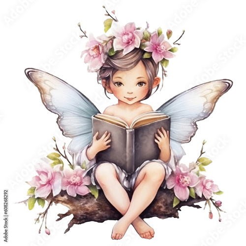 Cute fairy  reading a book Watercolor illustration, AI Generative