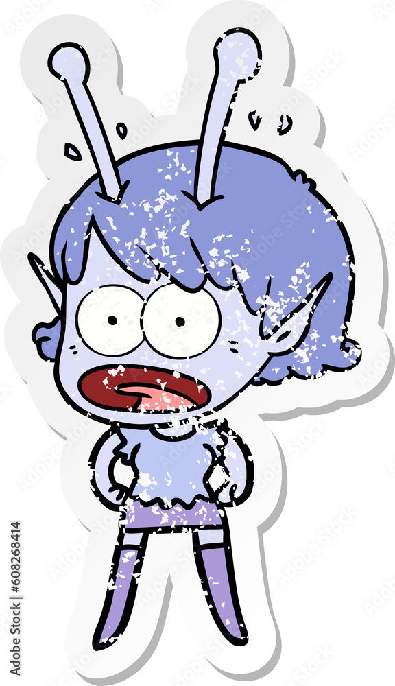 distressed sticker of a cartoon shocked alien girl distressed sticker of a cartoon shocked alien girl