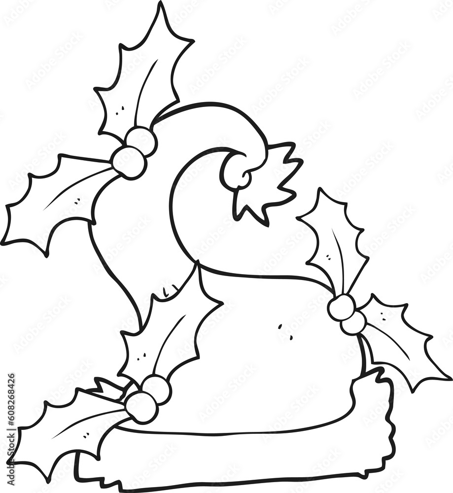 Fototapeta premium freehand drawn black and white cartoon christmas holly hat