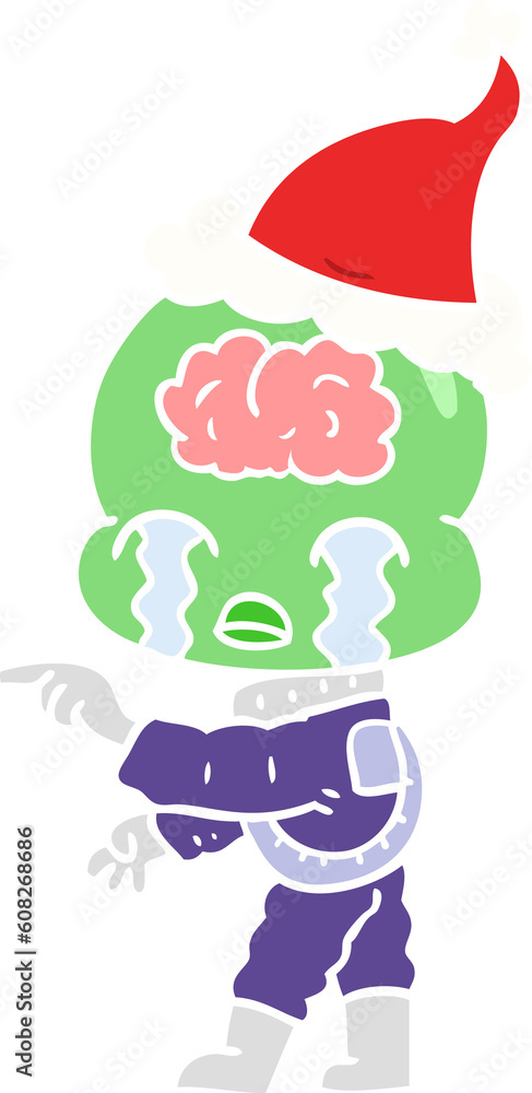 hand drawn flat color illustration of a big brain alien crying and pointing wearing santa hat