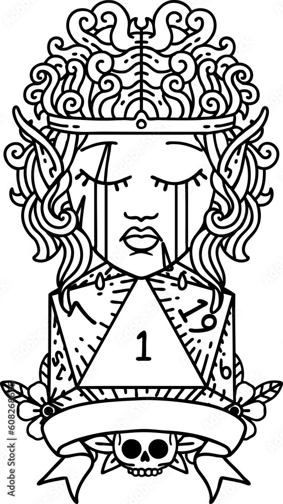 Black and White Tattoo linework Style sad elf barbarian character with natural one roll Black and White Tattoo linework Style sad elf barbarian character with natural one roll