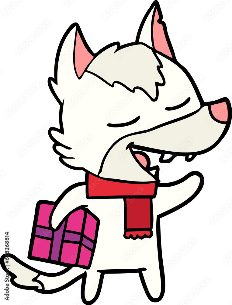 cartoon wolf with christmas present laughing cartoon wolf with christmas present laughing
