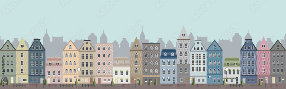 Western Paris cityscape flat vector illustration wallpaper background