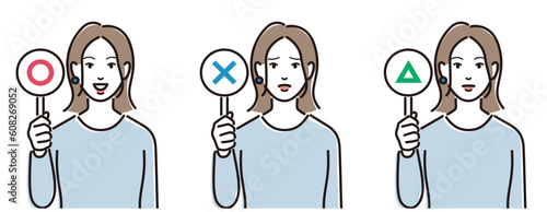 プラカードを出す若い女性のセット