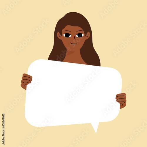 Pretty brunette swowing empty presentation, holding blank placard photo