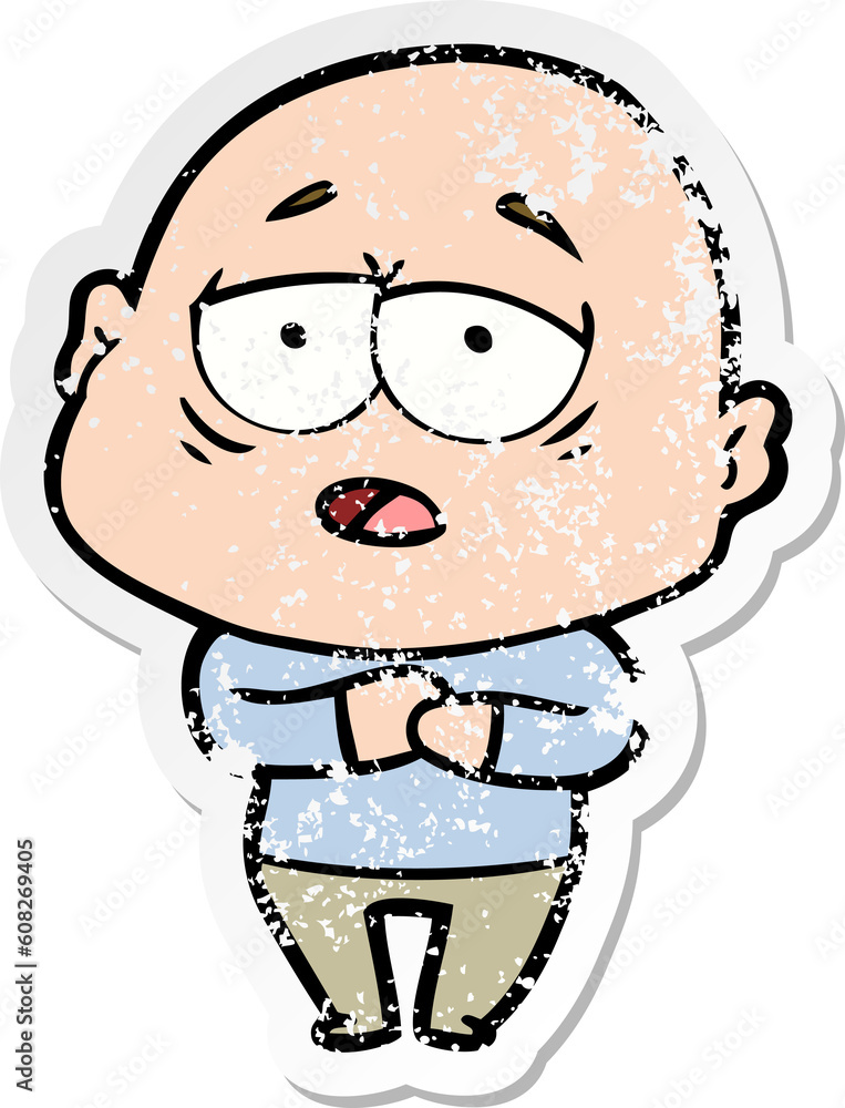 Obraz premium distressed sticker of a cartoon tired bald man
