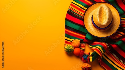 A Mexican sombrero hat on a yellow background with copyspace. Generative AI