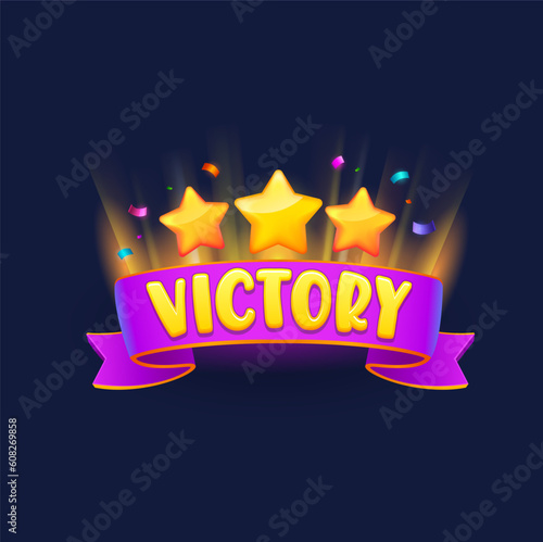 Game victory sign or banner and popup badge, winner congratulation ribbon, vector GUI. Victory badge with golden stars for game win bonus and achievement reward for video arcade or casino game app photo