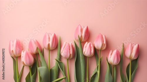 A pink tulips bouquet on pastel pink background with copyspace