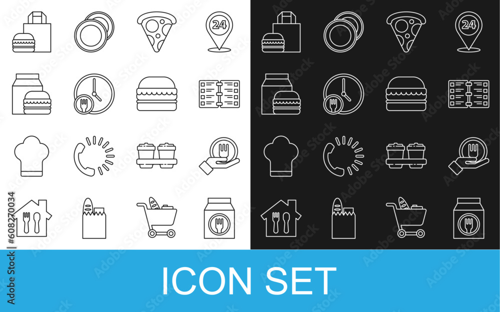 Set line Online ordering and delivery, Restaurant cafe menu, Slice of pizza, Round the clock, burger, and Burger icon. Vector Set line Online ordering and delivery, Restaurant cafe menu, Slice of pizza, Round the clock, burger, and Burger icon. Vector