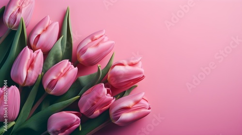 A pink tulips bouquet on pastel pink background with copyspace photo