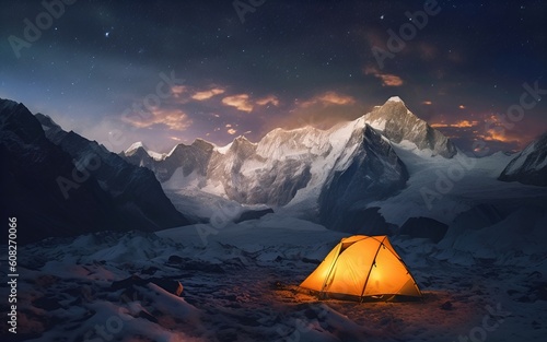 Awesome mountain view photo with bright orange tent near huge glacier tongue under starry night sky © ergapamungkas
