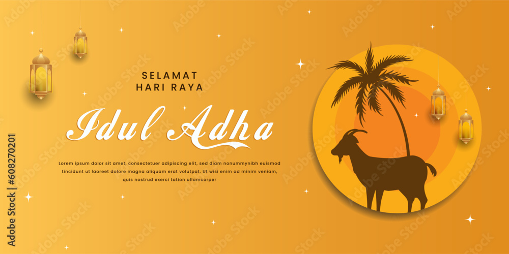 Eid al Adha greetings banner. Selamat hari raya idul adha means happy