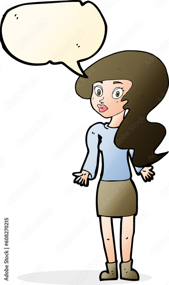 cartoon woman shrugging shoulders with speech bubble cartoon woman shrugging shoulders with speech bubble