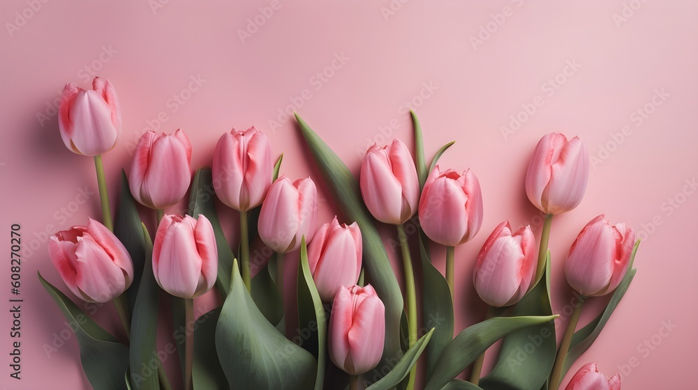 A pink tulips bouquet on pastel pink background with copyspace A pink tulips bouquet on pastel pink background with copyspace