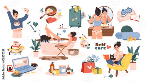Self care. Women leisure time: relaxing bath, skin care, hobbies, reading a book, time for yourself. Daily routine. Flat cartoon vector illustration.