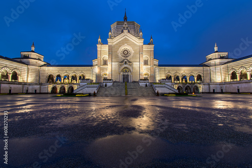 Monumental cemetery in Milan, Italy at night in the rain photo