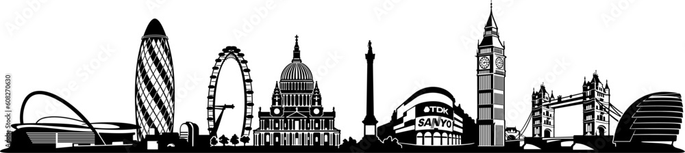 London skyline vector, great for vinyl cutting. Displays major London landmarks in a single compelling design. Vinyl ready wall decal wall sticker.