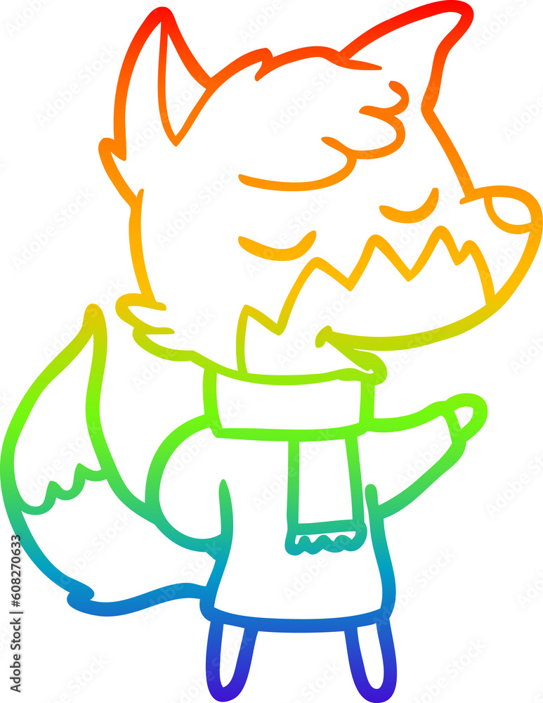 rainbow gradient line drawing of a friendly cartoon fox in winter clothes rainbow gradient line drawing of a friendly cartoon fox in winter clothes
