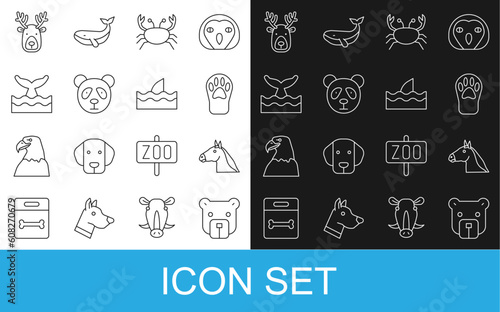 Set line Bear head, Horse, Paw print, Crab, Cute panda face, Whale tail ocean wave, Deer with antlers and Shark fin icon. Vector