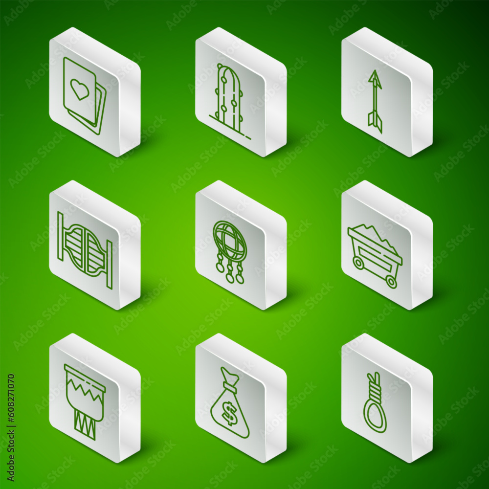 Set line Gallows rope loop hanging, Money bag, Deck of playing cards, Dream catcher with feathers, Saloon door, Cactus, Drum and Coal mine trolley icon. Vector Set line Gallows rope loop hanging, Money bag, Deck of playing cards, Dream catcher with feathers, Saloon door, Cactus, Drum and Coal mine trolley icon. Vector