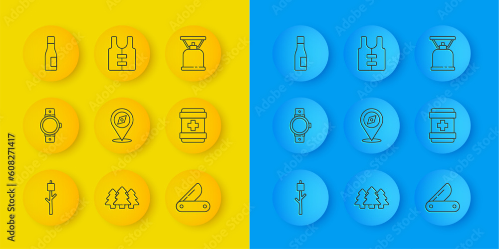 Set line Marshmallow on stick, Smartwatch, Compass, Swiss army knife, First aid kit, Bottle of water, Camping gas stove and Life jacket icon. Vector Set line Marshmallow on stick, Smartwatch, Compass, Swiss army knife, First aid kit, Bottle of water, Camping gas stove and Life jacket icon. Vector