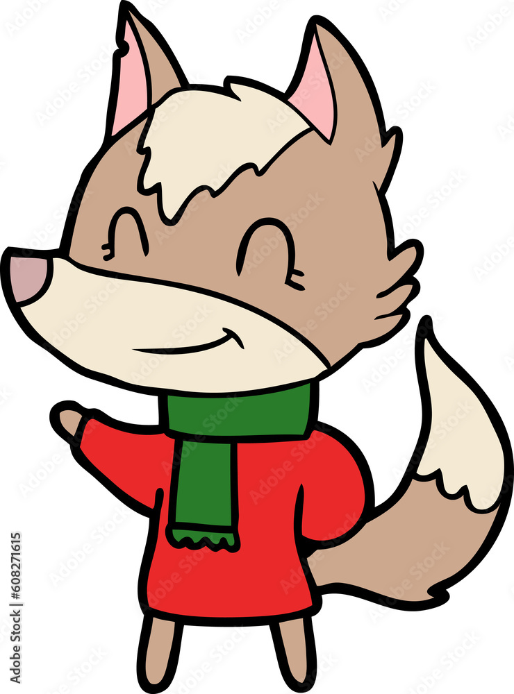 Obraz premium friendly cartoon wolf in winter clothes