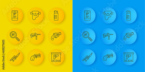 Set line Bayonet on rifle, Pistol or gun search, Submachine M3, Military ammunition box, Small revolver, Shop weapon mobile app, Weapons oil bottle and Gun holster icon. Vector