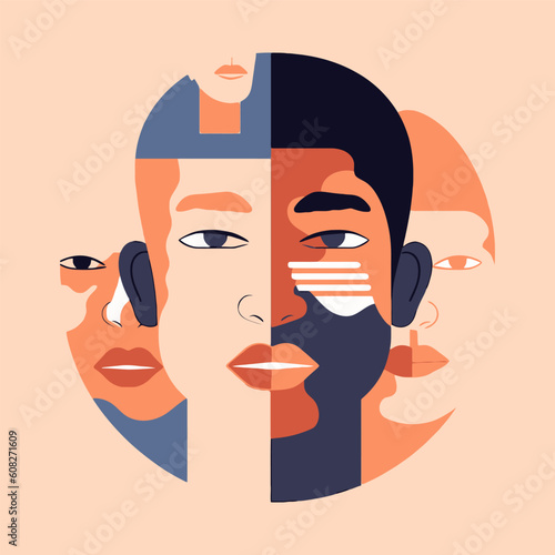 abstract art of different skin colors and multiracial, no to racism, diversity concept