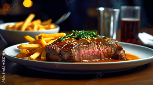 American steak at the bar with chips and gravy. AI generativ. photo
