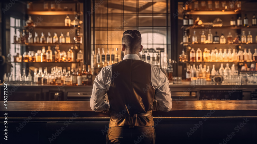 Rear view of young bartender standing at bar counter. Generative AI
Rear view of young bartender standing at bar counter. Generative AI